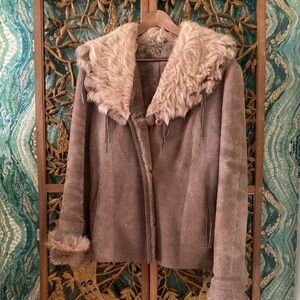 Women's Suede Leather Shearling Jacket with Fur Trim